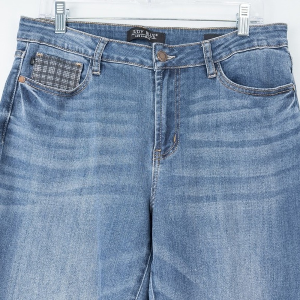 Judy Blue Plaid Cuff Slim Fit Jeans Womens 11/30 Mid Rise Medium Wash Distressed - Picture 8 of 14